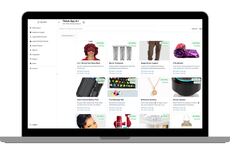 Dropship Spy TikTok Analytics Dashboard with AI insights
